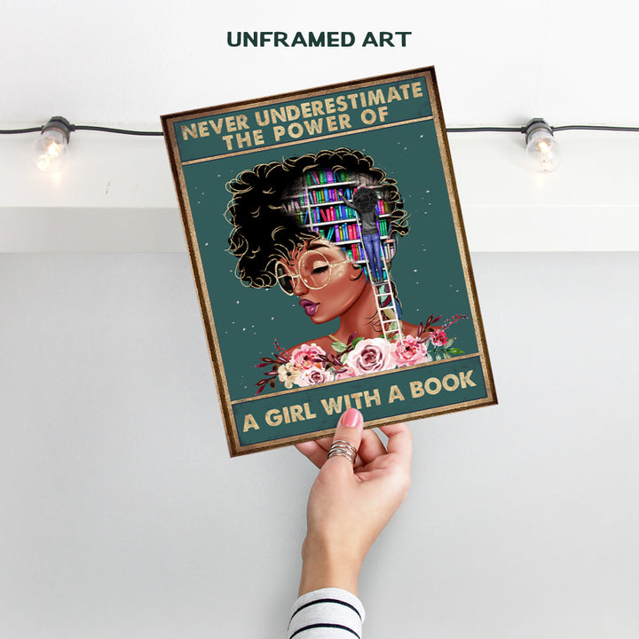 African American Classroom Decor - LARGE 11x14 - Never Underestimate a Girl With a Book Wall Art - African American Girl, Women - Inspirational Motivational Poster - Positive Quotes - Black Art