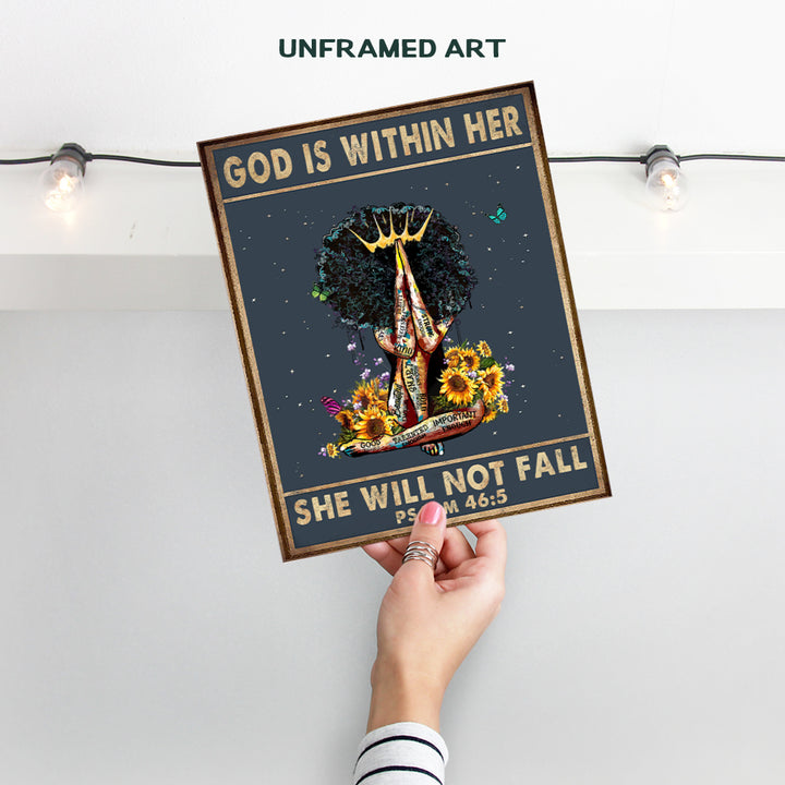 Religious Christian Gifts for Black Woman, African American Women, Girls - God is Within Her She Will Not Fall Wall Decor - Inspirational Boho Wall Art - Positive Quotes - Psalms Scripture Wall Art