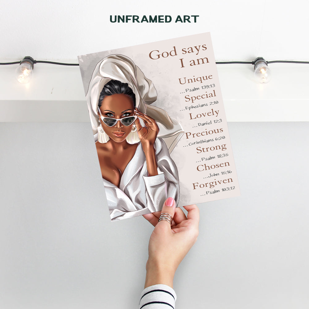 African American Women, Girls, Teens - Religious Black Art - God Says You Are - Chrisitan Scripture Encouragement Gifts - Motivational Designer Glam Bathroom Wall Decor - Inspirational Bible Verses