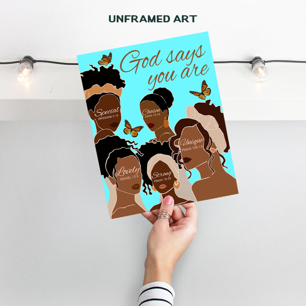 Black African American Women Wall Art & Decor - African American Girls - God Says You Are - Inspirational Christian Wall Decor- Spiritual Religious Gifts - Positive Quotes Bible Verses - Afro Wall Art