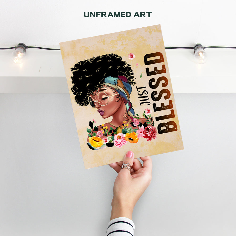 Black Women Woman Wall Art - Blessed Wall Decor - African American Girl Poster Picture Print - Bedroom, Living Room, Home Office, Bathroom - Cute Boho Inspirational Positive Motivational Friend Gifts