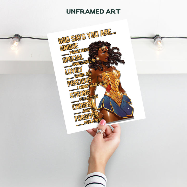 Black Wall Art Woman - African American Women, Girls - God Says You Are Christian Wall Decor - Inspirational Motivational Quotes - Positive Affirmations - Bible Verses - Religious Gifts -8x10 Unframed