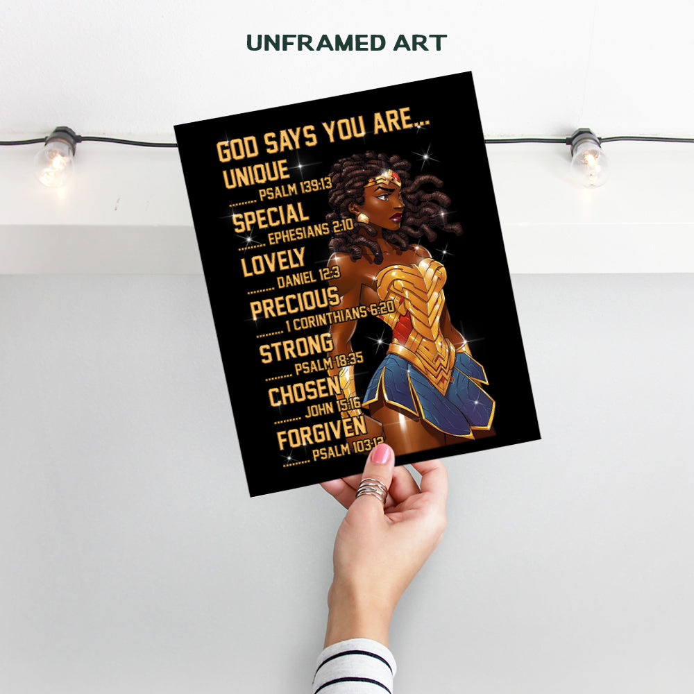 African American Wall Art 11x14 - spiritual Religious Wall Decor - Bible Verses - Black Wall Art - Christian Gifts for Women Girls Woman Wonder - Motivational Inspirational Quotes - God Says You Are