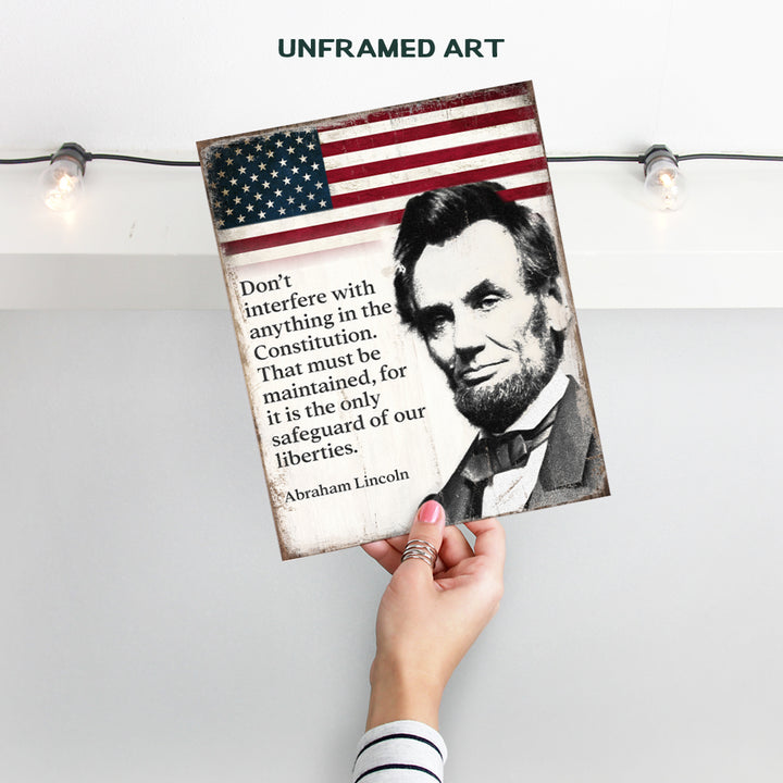 Abraham Lincoln Poster - 8x10 Inspirational Quote - American Flag Decor - Abe Lincoln Gifts - Patriotic Decor for Home or Office - Rustic American Wall Decor - US Constitution Art