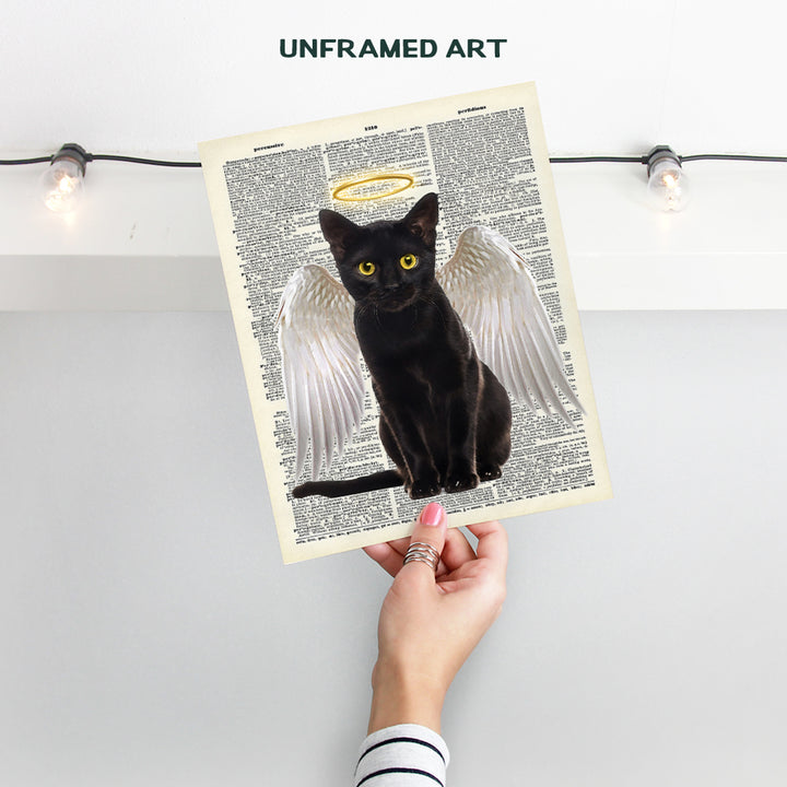 Black Cat Wall Decor - Angel Art Print - 8x10 Dictionary Wall Decoration - Cat Wall Art Home Decor Poster - Gift for Veterinarian Office, Clinic, Kitty, Kitten or Cat Lover - Angelic Picture, Photo