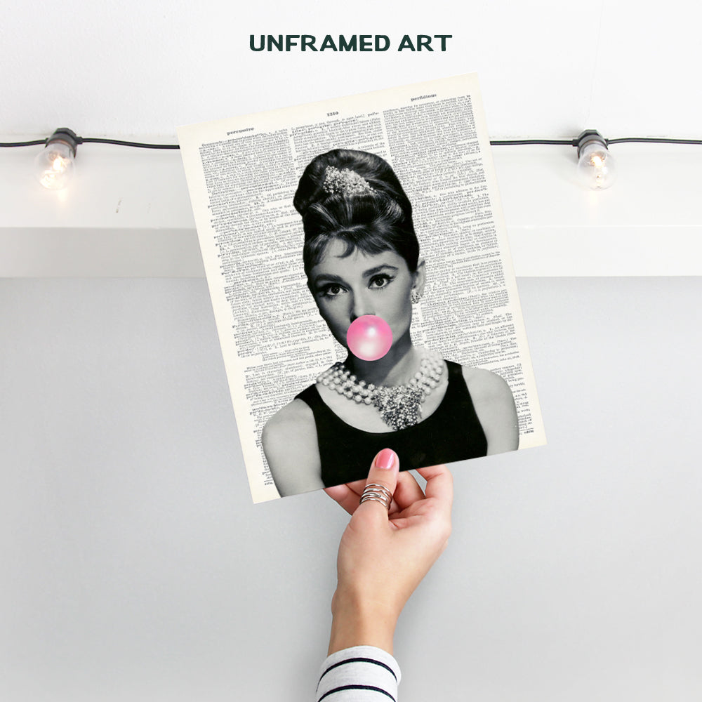 Audrey Hepburn Blowing Bubble - Wall Art Print on Dictionary Photo - Ready to Frame (8X10) Vintage Photo - Great Home Decor or Gift For Pop Art Lovers