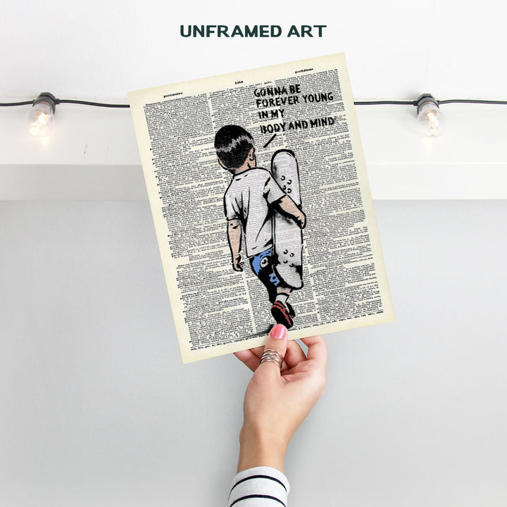 Banksy Skateboard Motivational Upcycled Dictionary Wall Art - Inspirational Graffiti, Urban Street Art Poster Print - Home Decor for Nursery, Kids or Boys Room - Great Gift - 8x10 Photo