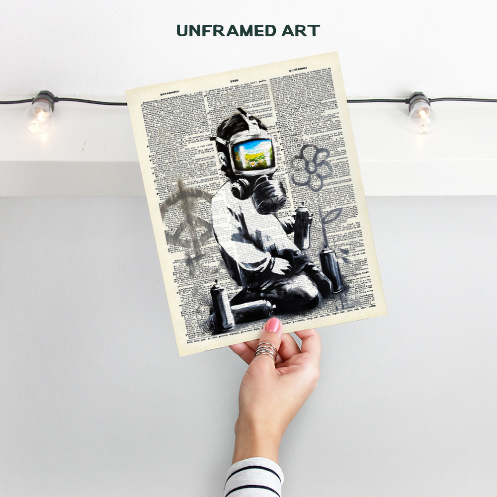 Banksy Gas Mask Graffiti Street Art Mural - Contemporary Dictionary Art, Home Decor - Upcycled Wall Art Print, Poster - Unique Room Decorations - Great Inexpensive Gift - 8x10 Photo Unframed