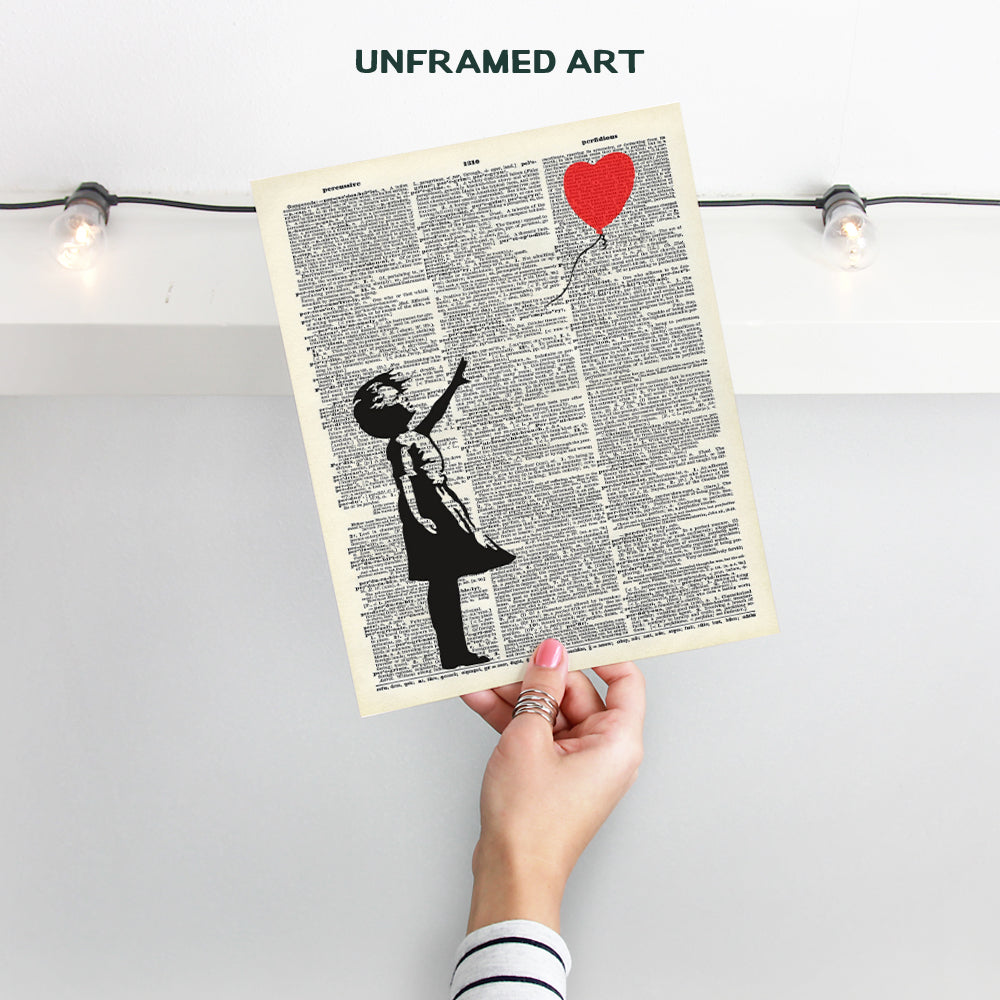 Banksy Wall Art - Upcycled Dictionary Graffiti Art Print, Girl With Balloon 8x10 Street Art Poster, Home Decor - Urban Wall Art Print and Room Decorations - Makes a Great Gift - 8x10 Photo Unframed