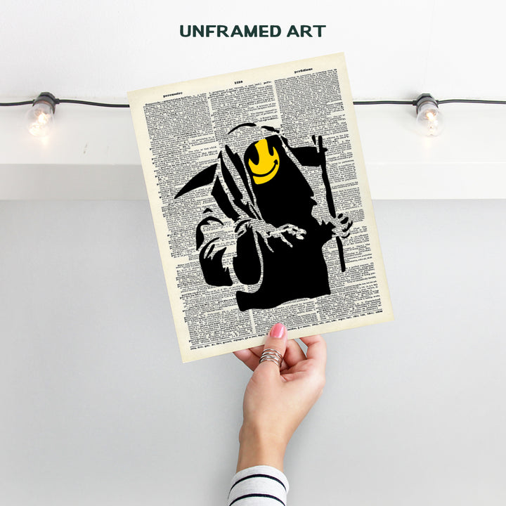 Banksy Grim Reaper Graffiti Dictionary Art - 8x10 Smiley Face Poster - Modern Home or Dorm Decor, Contemporary Wall Decoration Print - Funny Gift for Street Art Fans - Unframed Photo Print Sign