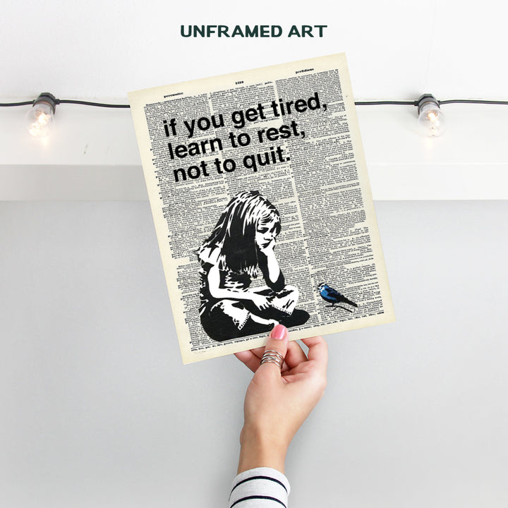 Banksy Rest Don't Quit - Unframed Dictionary Wall Art Print - Makes a Great Gift for Home Decor, Living Room, Bedroom - Ready to Frame (8X10) Vintage Photo - Girl with Bird