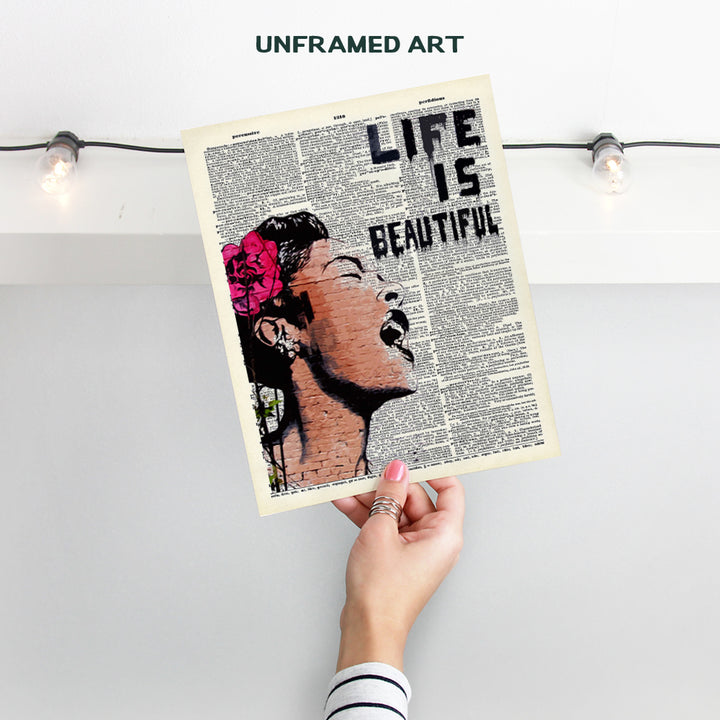 Banksy Wall Art - Upcycled Dictionary Graffiti Art Print, Billie Holiday 8x10 Street Art Poster, Home Decor - Urban Wall Art Print and Room Decorations - Makes a Great Gift - 8x10 Photo Unframed