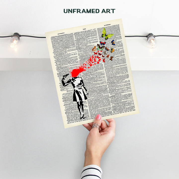 Banksy Poster, Dictionary Art, Home Decor - Upcycled Vintage Graffiti Wall Art Print - Unique Hipster Room Decorations for Office - Gift for Street Art, Mural Fans - 8x10 Photo Unframed, Suicide Girl