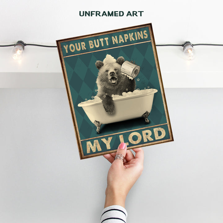 Butt Napkins My Lord - Bear Wall Art - Bear Wall Decor - Country Rustic Bathroom Accessories - Funny Bathroom Decor for Women, Kids - Cute Bathroom Pictures - Bath Wall Decor - Guest Bathroom Sign