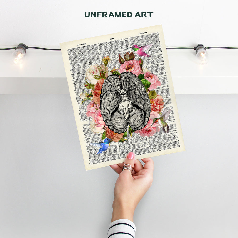 Floral Brain w/Hummingbirds Wall Art Decor - Vintage Rustic Shabby Chic Poster for Bathroom, Bedroom, Living Room, Doctor or Medical Office - Goth Gift for Nurse Practitioner, RN, CNA, Psychologist