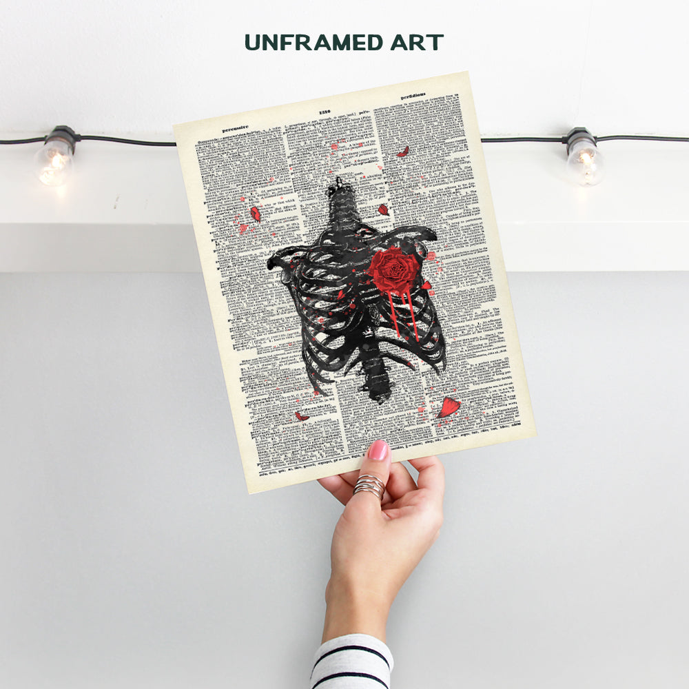 Goth, Gothic Anatomy Ribcage Wall Art Decor, Rose Dictionary Art - 8x10 Poster for Medical Clinic, Dr Office - Cool Unique Gift for Doctor, Med Student, Nurse, Physician Assistant, PA, Cardiologist