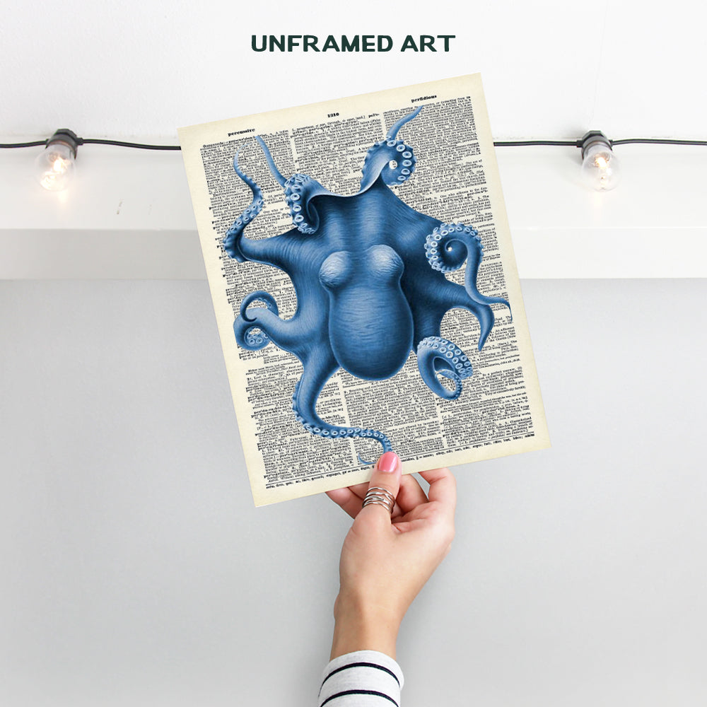 Blue Octopus Upcycled Dictionary Wall Art Print - 8x10 Vintage Unframed Photo - Perfect For Beach House Home Decor and Easy Gift Giving