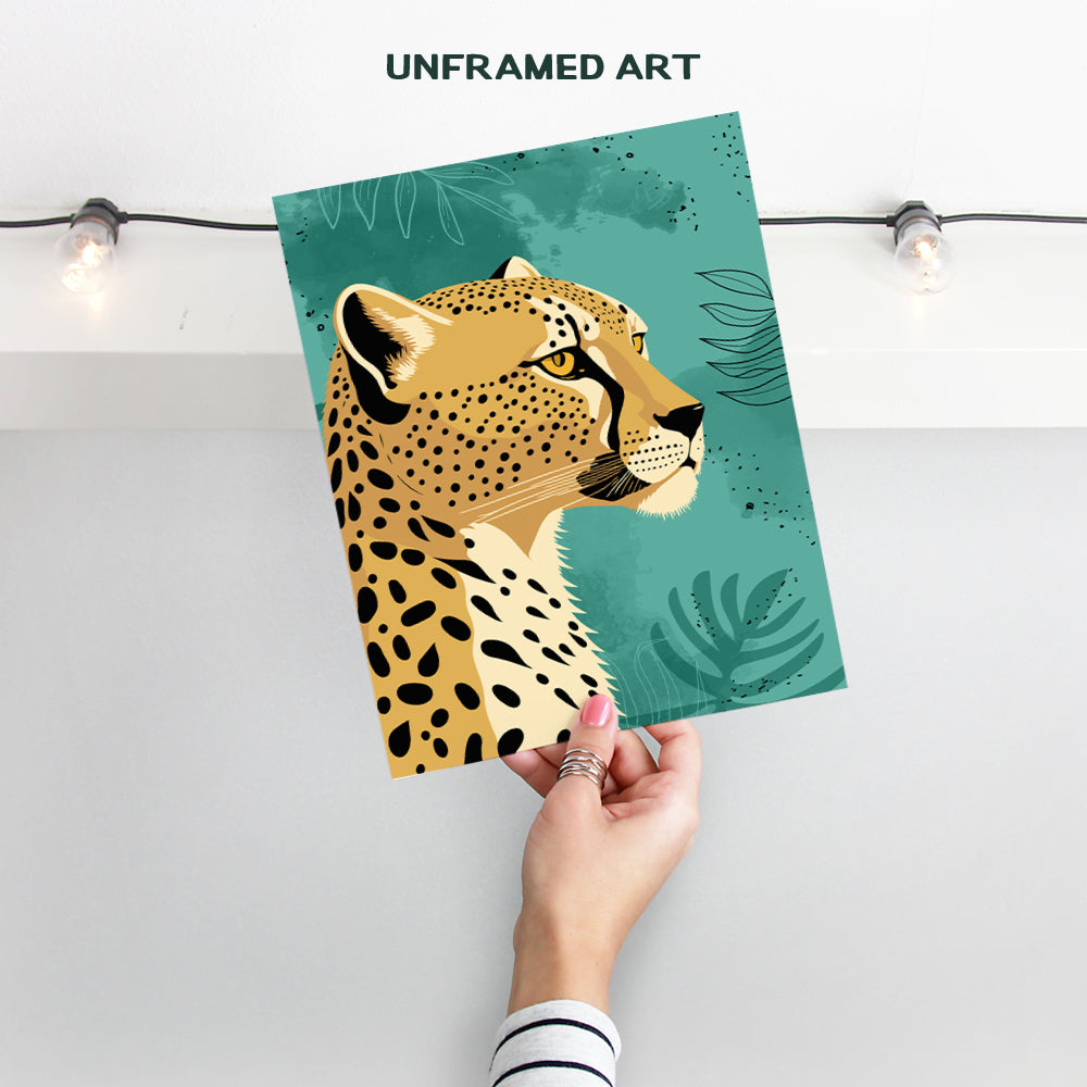 Cheetah Print Boho Wall Decor - Olive Green Bohemian Farmhouse Living Room Decor, Contemporary art - Minimalist Mid-century modern Botanical Wall Art for Women, Men - Big cat Bedroom Decorations