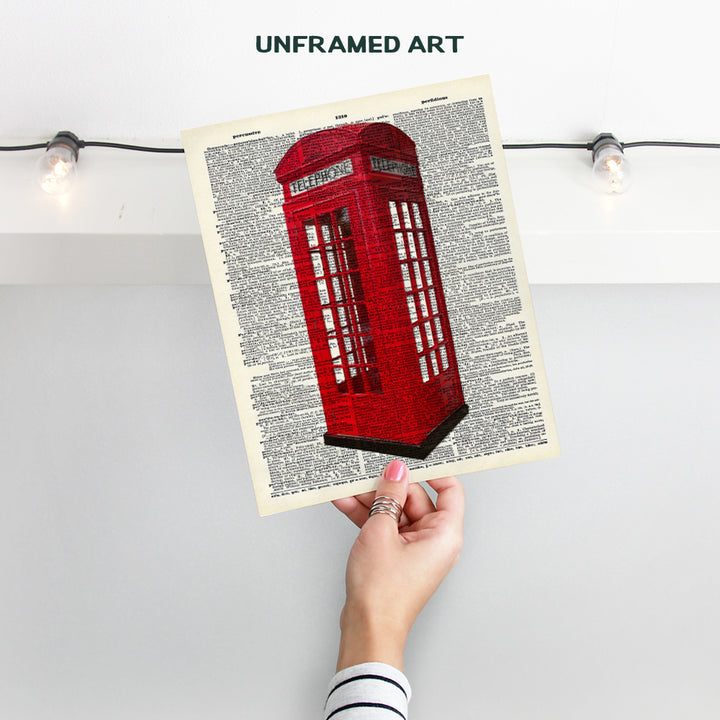 Upcycled Dictionary Wall Art Print - Vintage 8x10 Unframed Photo - Perfect Easy Gift - Chic Home Decor - Red British Phone Booth