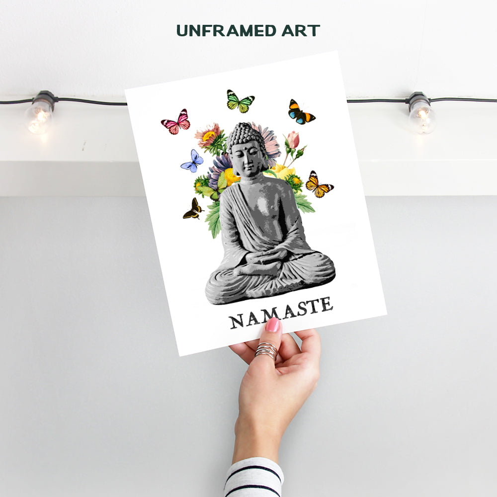 Namaste Buddhism Buddha Statue Wall Art Print - 8x10 Photo, Home Decor, Meditation Room, Spa or Yoga Studio Decoration - Boho Zen New Age Gift - Unframed Butterfly Poster Picture