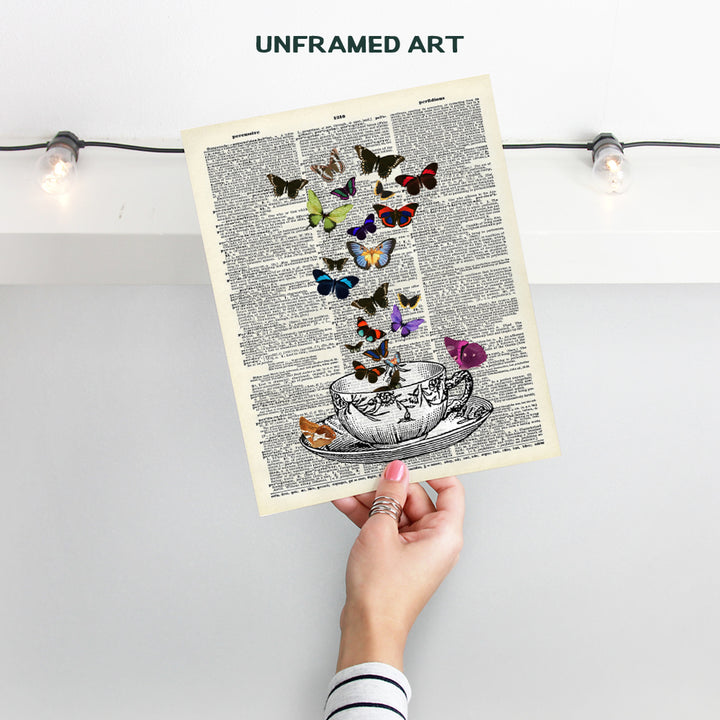 Vintage Teacup and Butterflies On Photo of Dictionary Page - Unframed Wall Art Print - Great Home Decor For Kitchen, Dining Room - Easy Anniversary Gift - Chic and Rustic - Ready to Frame (8x10) Photo