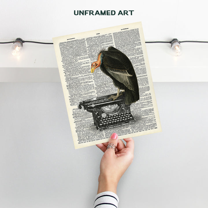 Goth Gothic Home Decor, Wall Art - Creepy Vulture, Buzzard on Typewriter for Living Room, Bedroom, Bathroom, Kitchen - Vintage Decoration or Gift for Writer, Literature Fan- 8x10 UNFRAMED Poster