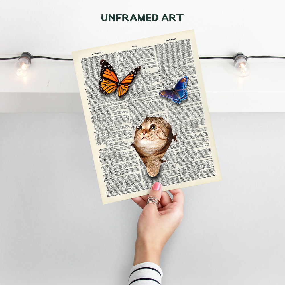 Cat Wall Art - Cat Wall Decor - Kitten and Butterflies Dictionary Art - 8x10 Photo Poster - Unique Gift for Cat Lovers, Vet, Veterinarians Office - Original Unframed Artwork Picture Print