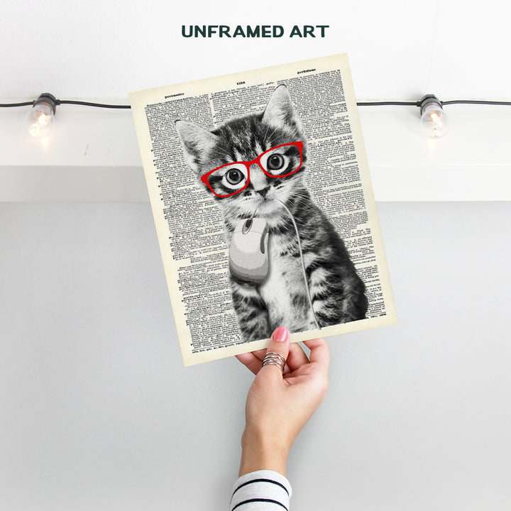 Cat and Mouse Dictionary Art - 8x10 Cat Wall Art Poster Print - Unique Gift for Animal Lovers, Kitty, Kitten and Computer Fans, Pet Owners - Cute, Funny Cat Wall Decor, Home Decoration