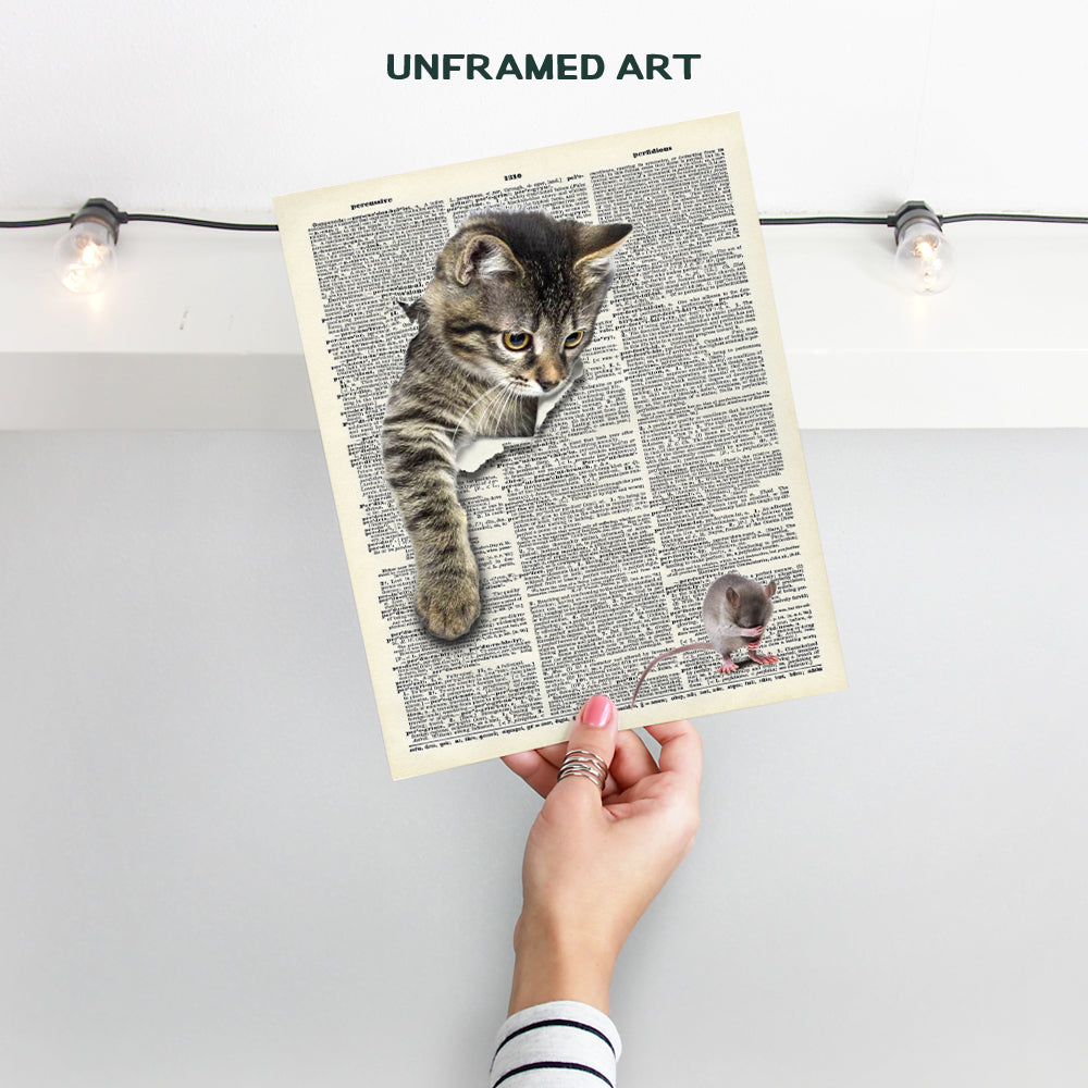 Cat Wall Decor - Cat Wall Art - Cute Funny Cat and Mouse Wall Decoration - Original Dictionary Art - Cat Gifts for Cat Lovers - Unframed - 8x10 Picture