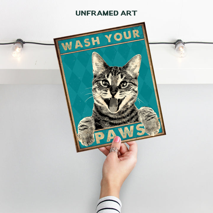 Wash Your Hands Sign - Cat Bathroom Decor - Bathroom Decor- Bathroom Wall Art - Funny Tabby Cat Wall Art- Bath Wall Decor- Guest Bathroom - Restroom Sign Decorations - Powder Room -Cat Gifts for Women