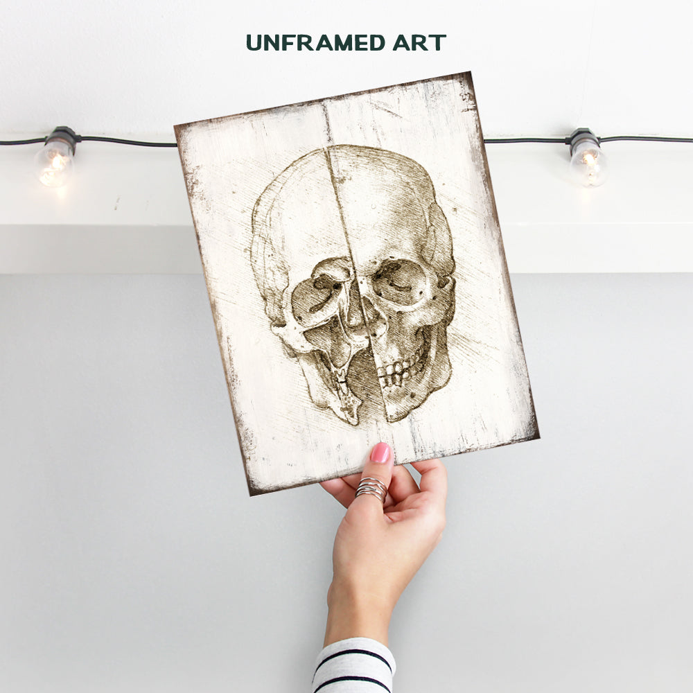 Leonardo Da Vinci Skull Poster -8x10 Anatomical Wall Art Print - Rustic Wall Decor for Medical Clinic, Doctor Office - Renaissance Painting - Gift for Medieval Painting Fans, Nurse, Med Student