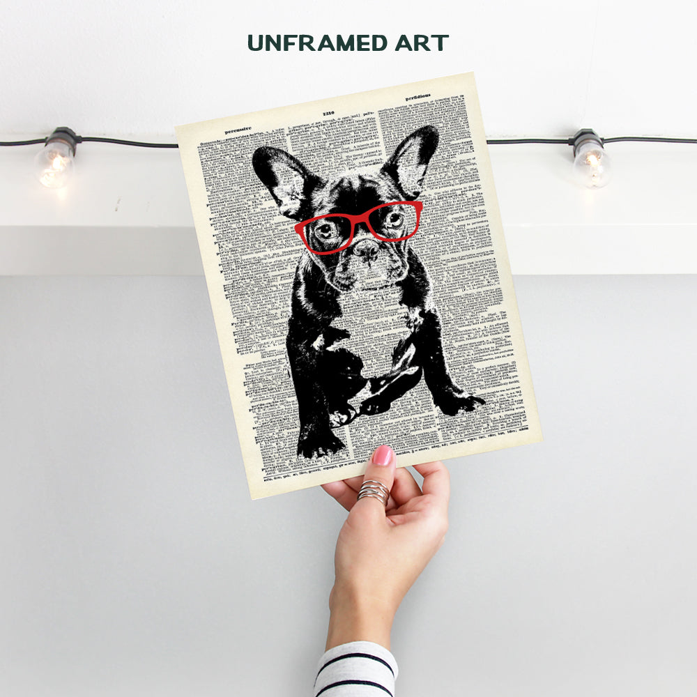 French Bulldog in Red Glasses - Dictionary Wall Art Print - 8X10 Photo Print - Cool Home Decor or Gift for Animal or Dog Lover, Veterinarian, Vet Office - Unframed Poster Picture