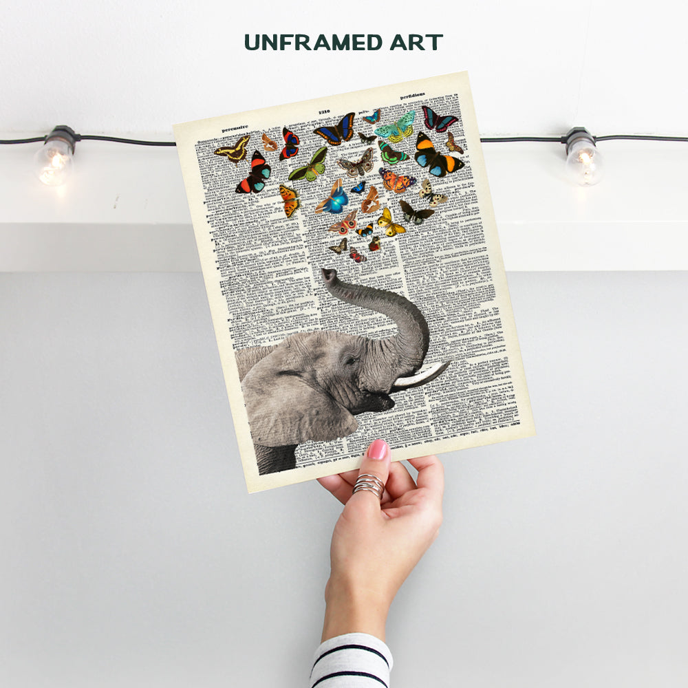 Elephant Butterfly Dictionary Art - 8x10 Vintage Wall Decor, Home Decoration for Bedroom, Living Room - Whimsical Unique Chic Gift for Nature and Animal Lovers - Unframed Poster, Picture, Print, Photo