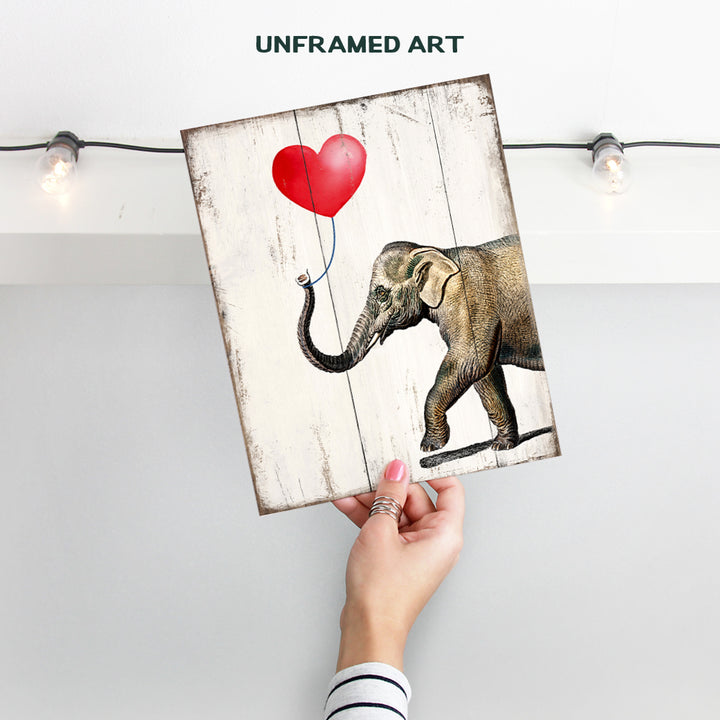 Elephant With Heart Balloon - Cute Unique Room or Home Decor for Women, Girls Room, Bedroom, Living Room - Rustic Vintage Sign Plaque Replica Wall Art Print - Romantic Gift - Unframed