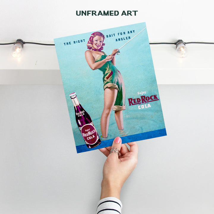 Fishing Pinup Girl - Unframed Wall Art Print - Great for Lake or Beach House, Man Cave - Chic Home Decor - Unique Gift for Fishermen, Anglers - Vintage 1950s Red Rock Ad - Ready to Frame (8x10) Photo