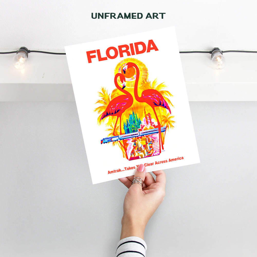 Florida Vintage Travel Poster Art Print, Wall Art Poster - Unique Home Decor for Beach House, Living Room, Kitchen, Office, Bedroom, Bathroom - Great Tropical Gift for Flamingo Lovers - 8x10 Photo