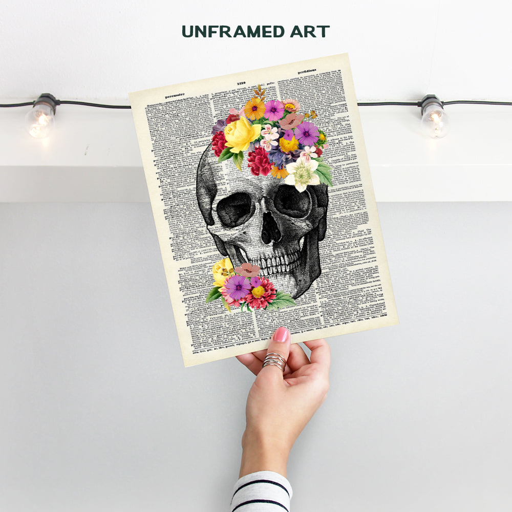 Floral Skull Dictionary Wall Art Decor Anatomy Print - 8x10 Upcycled Vintage Home Decoration for Bedroom, Bathroom - Unique Shabby Chic Gift for Steampunk, Goth Fans, Women - Unframed