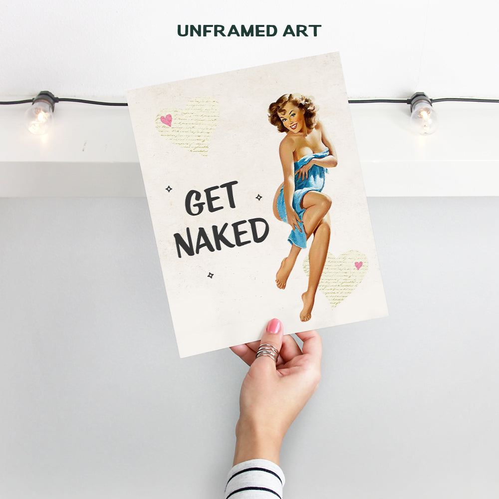 Vintage Get Naked Sign, 1950s Retro Pinup Girl Bathroom Wall Art Decor - Funny 8x10 Poster Print Gift for Powder Room, Guest Bath, Cute Bathroom Decoration for Women - Blue