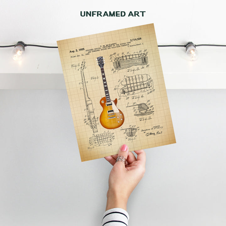 Guitar Patent Print - Iconic Electric Guitar of Famous Musicians - Music Gift for Rock n Roll Fan, Musicians, Guitar Player - Cool Wall Art, Home Decor Artwork Poster Picture - 8x10 Unframed