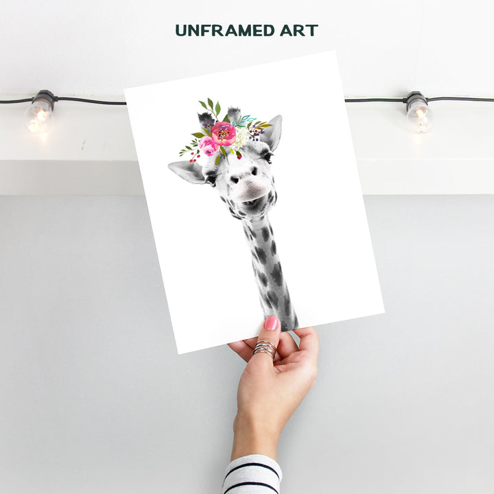 Baby Giraffe Wall Decor Print - Flower Crown Jungle Animals Wall Art Decoration for Girls Bedroom, Kids Room, Nursery - Cute Gift - Boho Shabby Chic Picture - 8x10 UNFRAMED Photo Poster