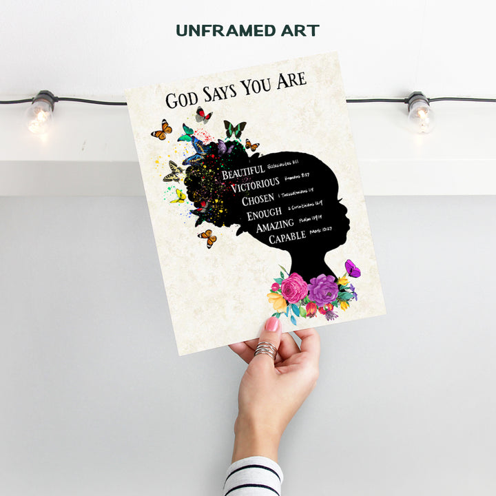 African American Girls Bedroom Wall Art & Decor - Black Art - Religious Christian Holy Scripture Bible Verses - God Says You Are - Spiritual Inspirational Positive Quotes - Uplifting Daughter Gifts