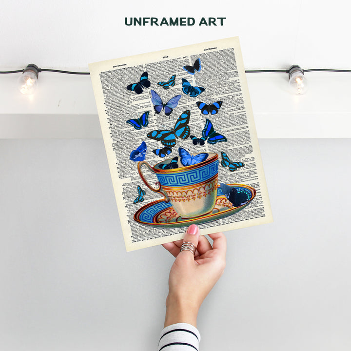 Greek Teacup and Butterflies On Photo of Dictionary Page - Unframed Wall Art Print - Perfect Easy Gift and Great For Home Decor - Ready to Frame (8x10) Photo