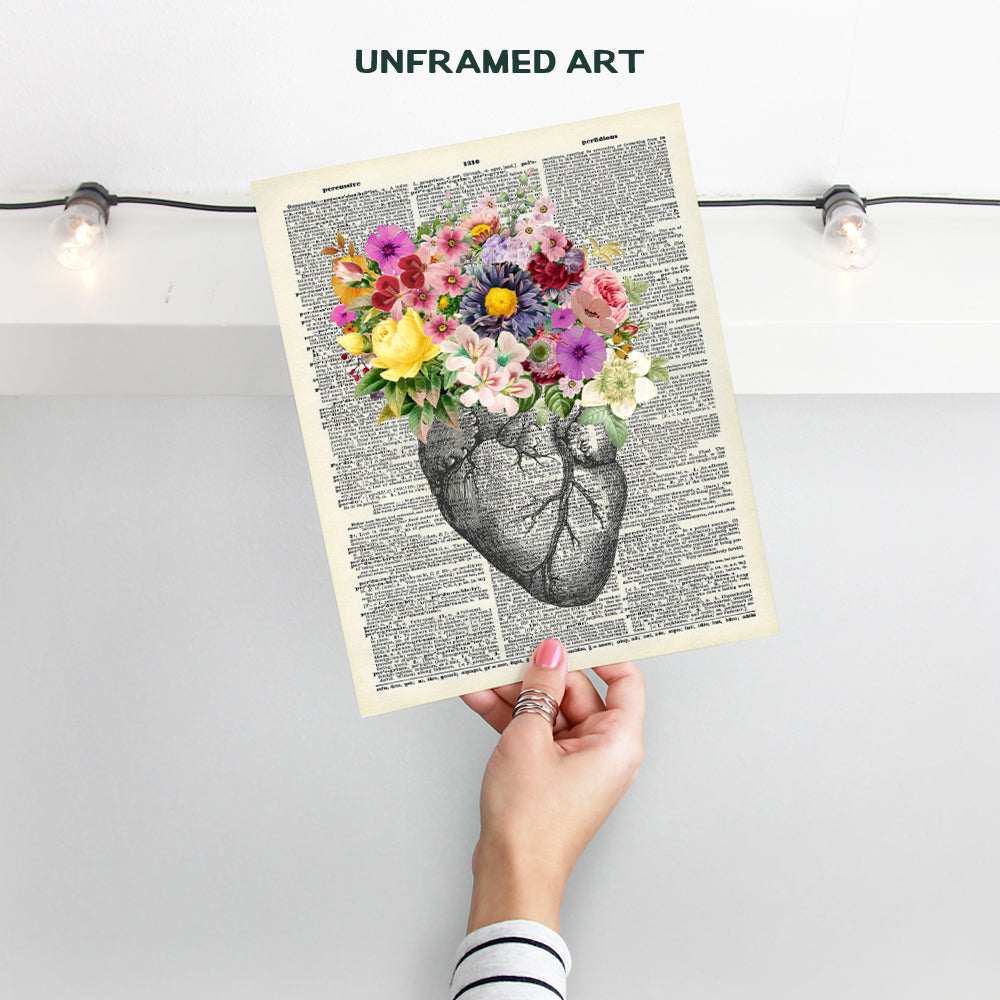 Heart Flowers Dictionary Decor - Wall Art Print - Steampunk Chic Home Decor for Medical Clinic, Dr Office- Great Gift for Doctors, Cardiologists, Nurses - Unframed 8x10 Vintage Photo