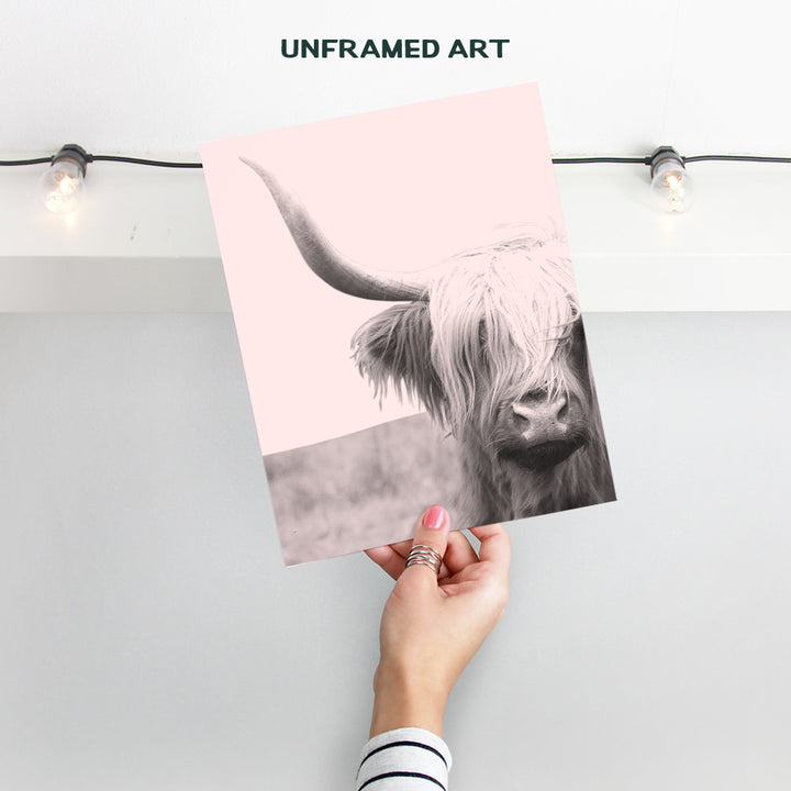 Highland Cow Decorations - Boho Farmhouse Cow Gift for Women - Cow Wall Decor for Bedroom, Living Room, Home, Kitchen, Bathroom, Apartment, Office - Cute Scottish Cow Wall Art - Pink Photo Picture