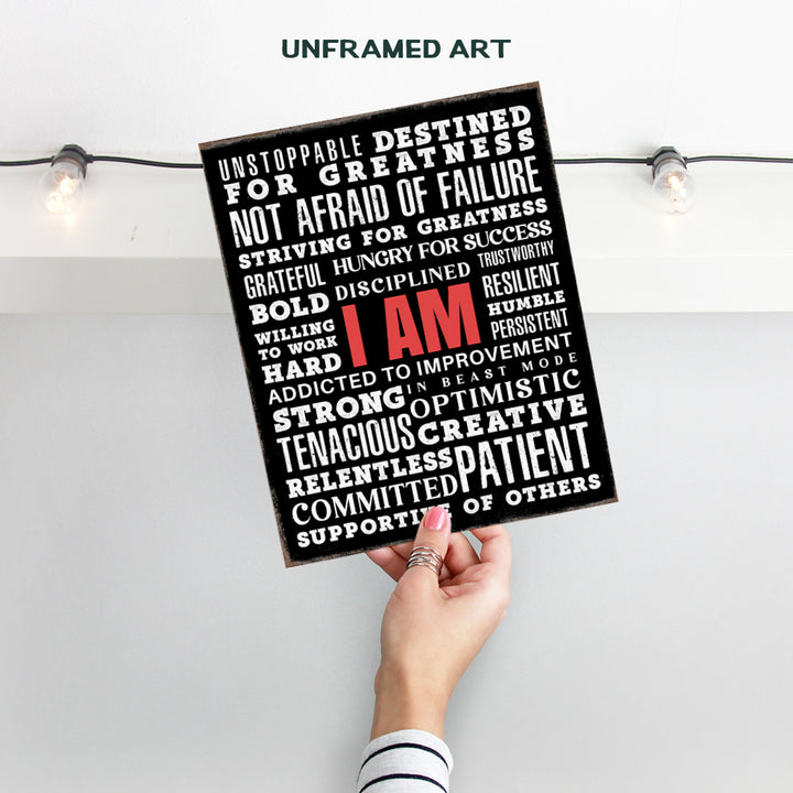 I Am Motivational Wall Art - positive Affirmations Man cave Wall Decor - Inspirational Quotes Wall Decor for Men - Home Office Encouraging Gifts - Workplace Success Wall Art - Inspiring Wall Art