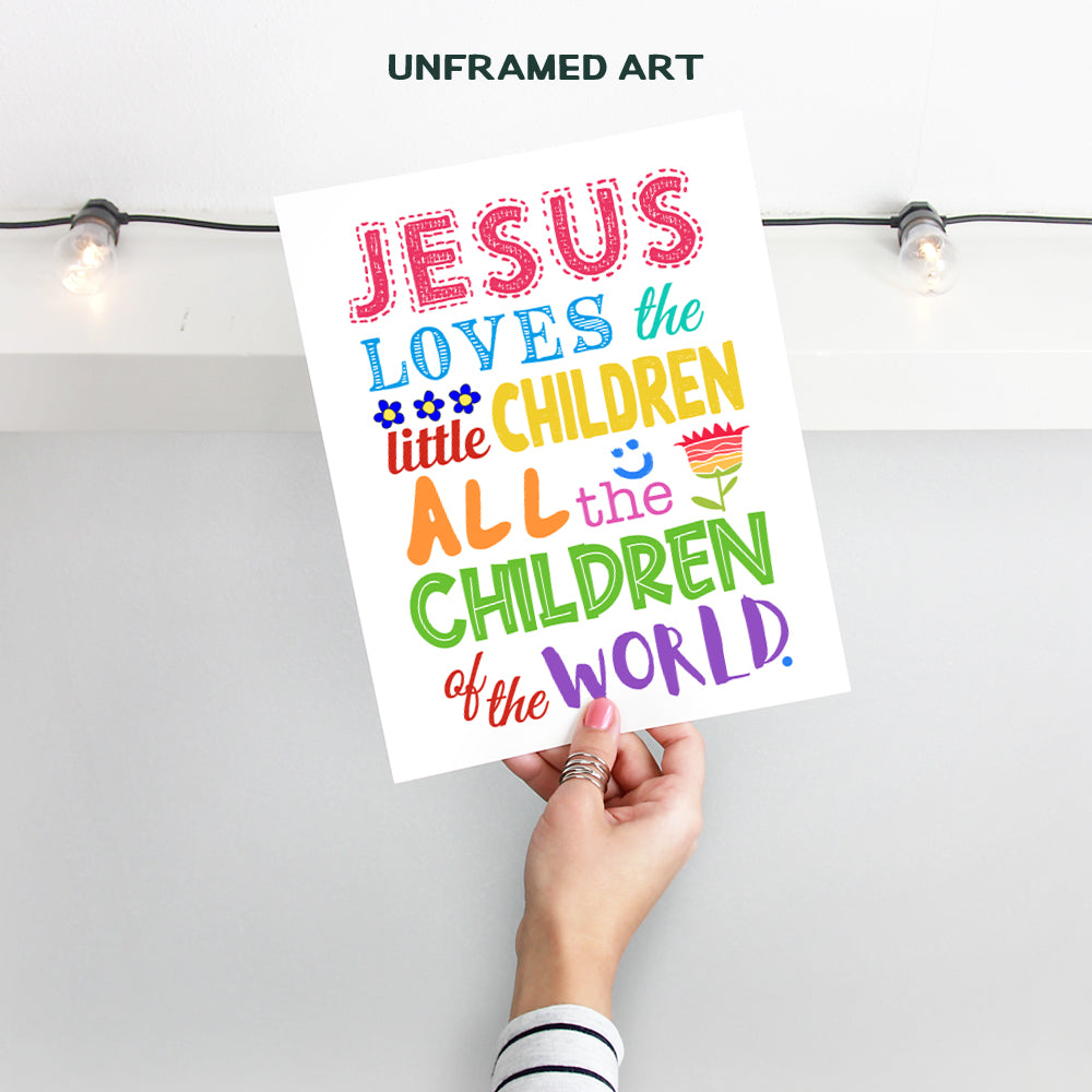 Girls, Boys, Kids Bedroom Decor - Religious Christian Wall Art, Room Decoration - Cute Baby Shower Gift - Jesus Loves the Little Children Bible Verse Wall Art Print - 8x10 Poster Picture