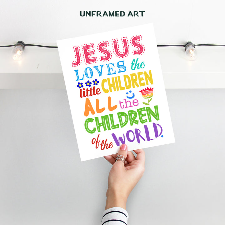 Girls, Boys, Kids Bedroom Decor - Religious Christian Wall Art, Room Decoration - Cute Baby Shower Gift - Jesus Loves the Little Children Bible Verse Wall Art Print - 8x10 Poster Picture