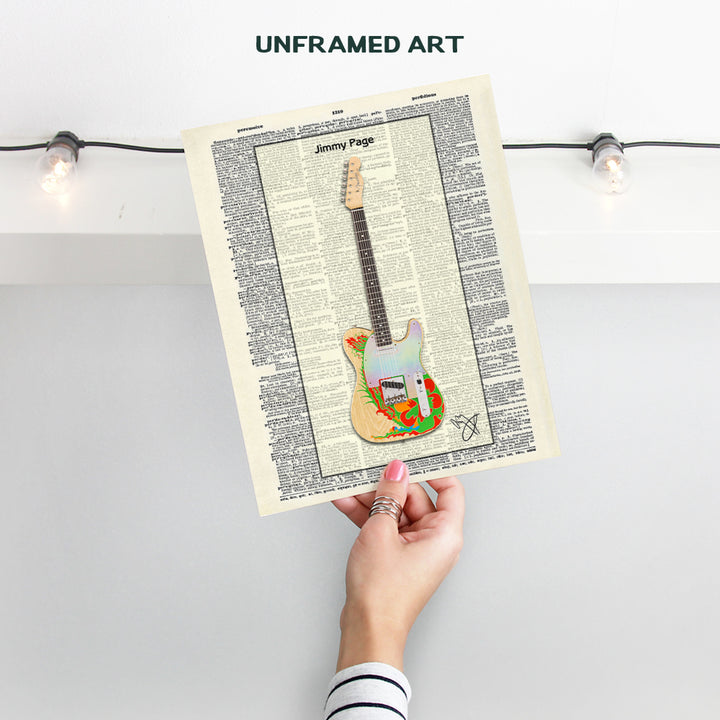 Jimmy Page Dragon Guitar Dictionary Wall Art Print - Vintage Upcycled Musician Poster - Unique Home Decor - Gift for Led Zeppelin Music Fans, 8x10 Photo Unframed