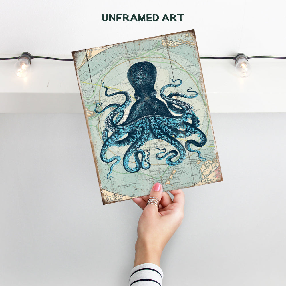 Retro Style Nautical Home, Office, Apartment or Wall Decor Picture - Vintage Octopus Photo Print is Great Gift or Decoration for Bathroom, Beach or Ocean House - 8x10 Art Poster