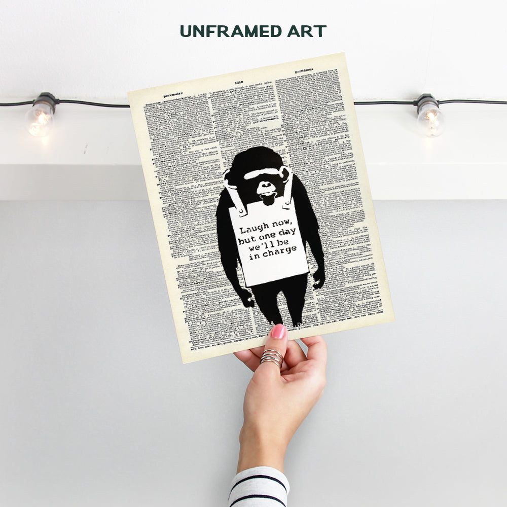 Banksy Graffiti Dictionary Art - Laugh Now Monkey Chimp Poster - 8x10 Street Mural, Urban Wall Decor, Dorm or Home Decoration - Cool Affordable Gift - Unframed Picture Photo Poster